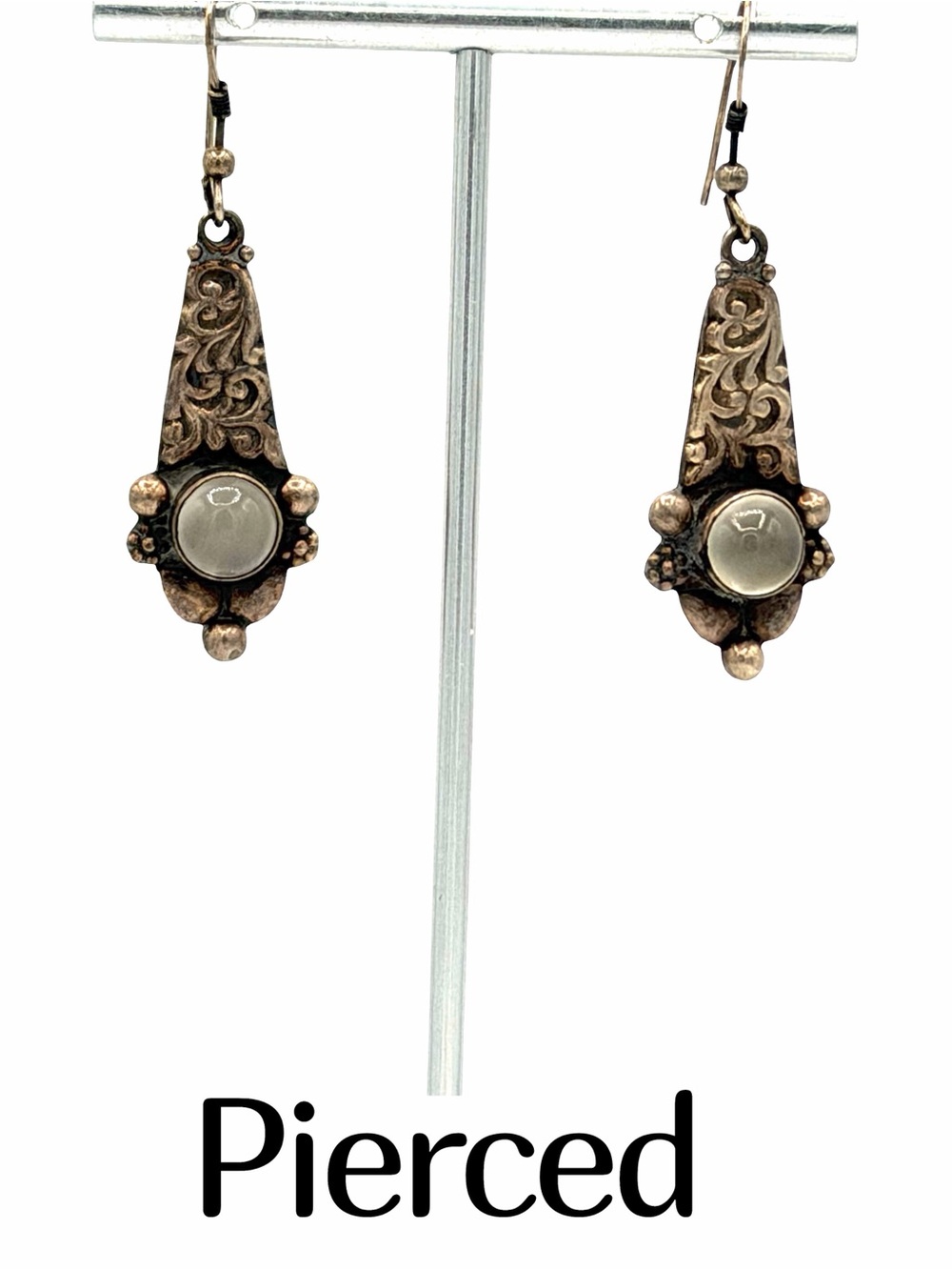 Vintage Sterling Silver Ornate Cats Eye Moonstone Woman’s Earrings Jewelry
